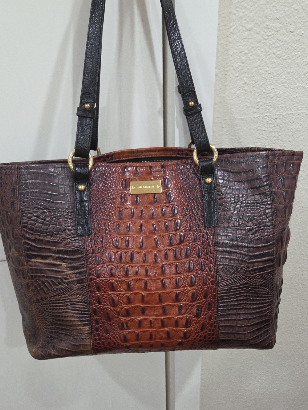 Brahmin Two-Tone Brown Croc-Embossed Leather Tote with Black Straps